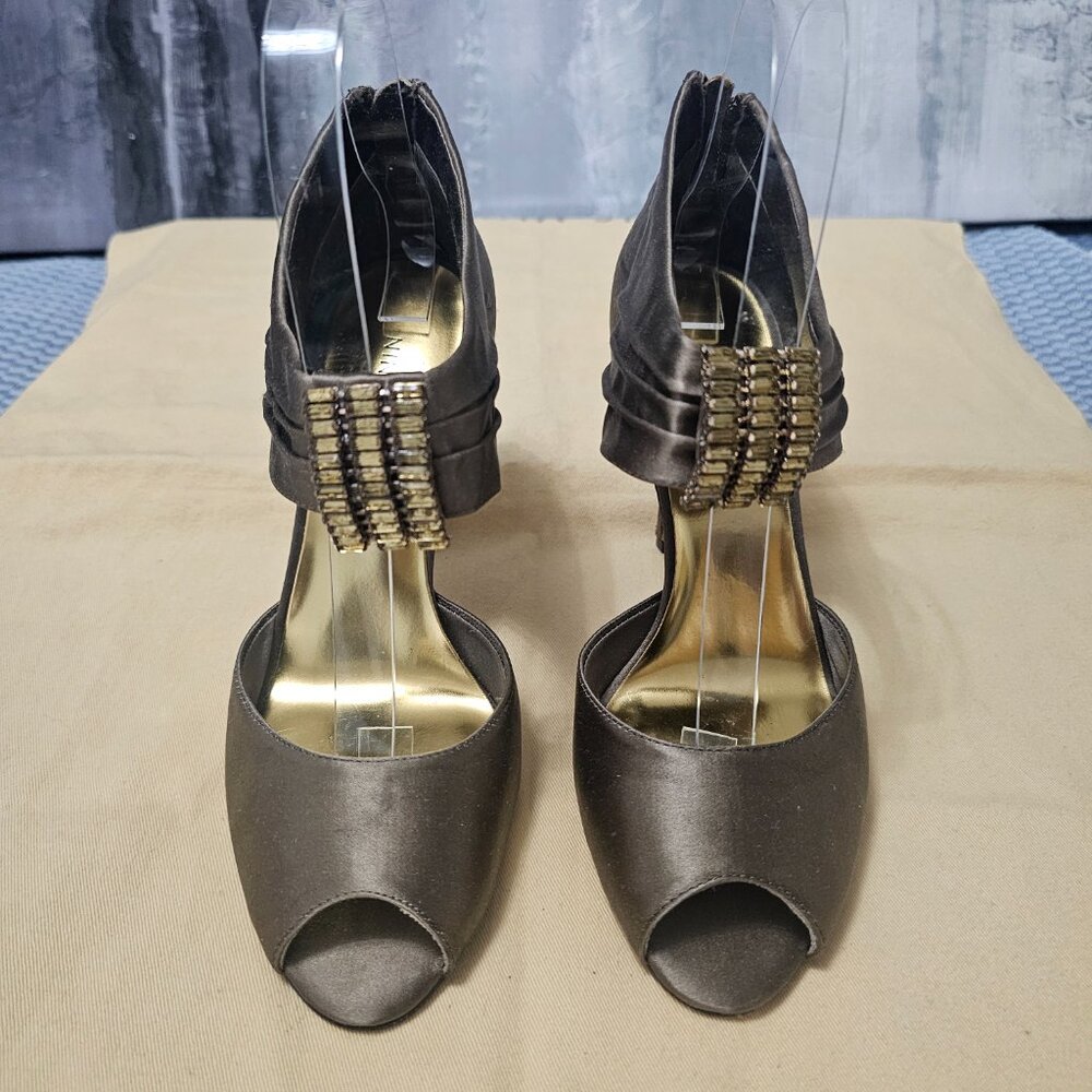 Nine West Bronze & Gold Rhinestone Strappy High Heels - Size 6 - Picture 3 of 7